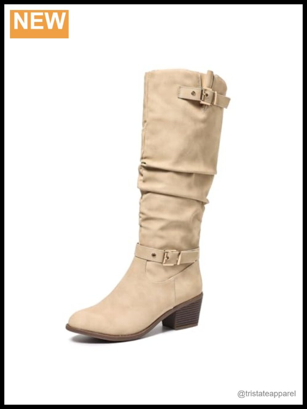Women's Knee High Slouch Boots Chunky Buckle Block Heel Faux Leather Zip